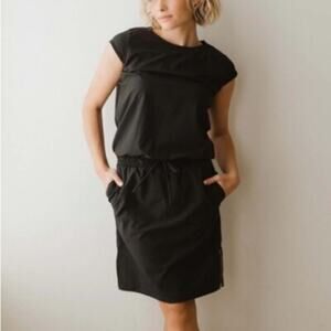 NWT Albion Going Places Dress Black Cap Sleeves Drawstring Waist Women’s L Tall